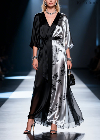 Unique Black Asymmetrical Patchwork Draping Chiffon Tunic Dress Summer