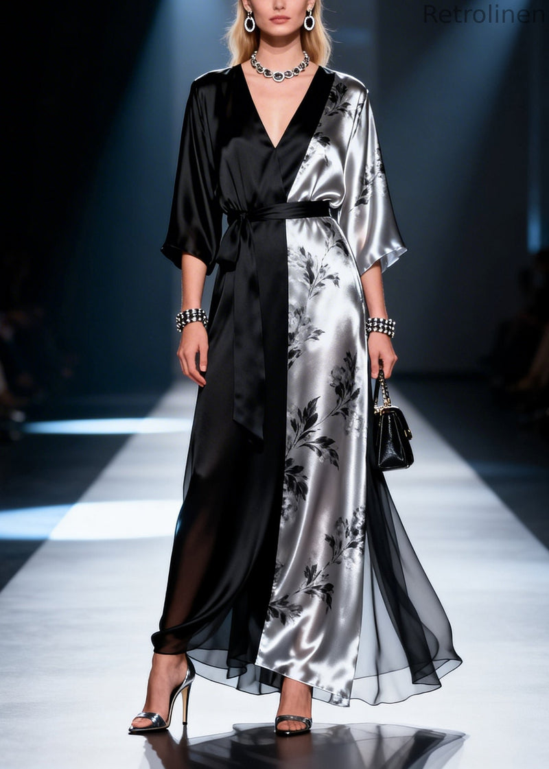 Unique Black Asymmetrical Patchwork Draping Chiffon Tunic Dress Summer
