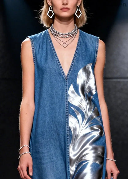French Blue Asymmetrical Tulle Patchwork Denim Long Dress Summer