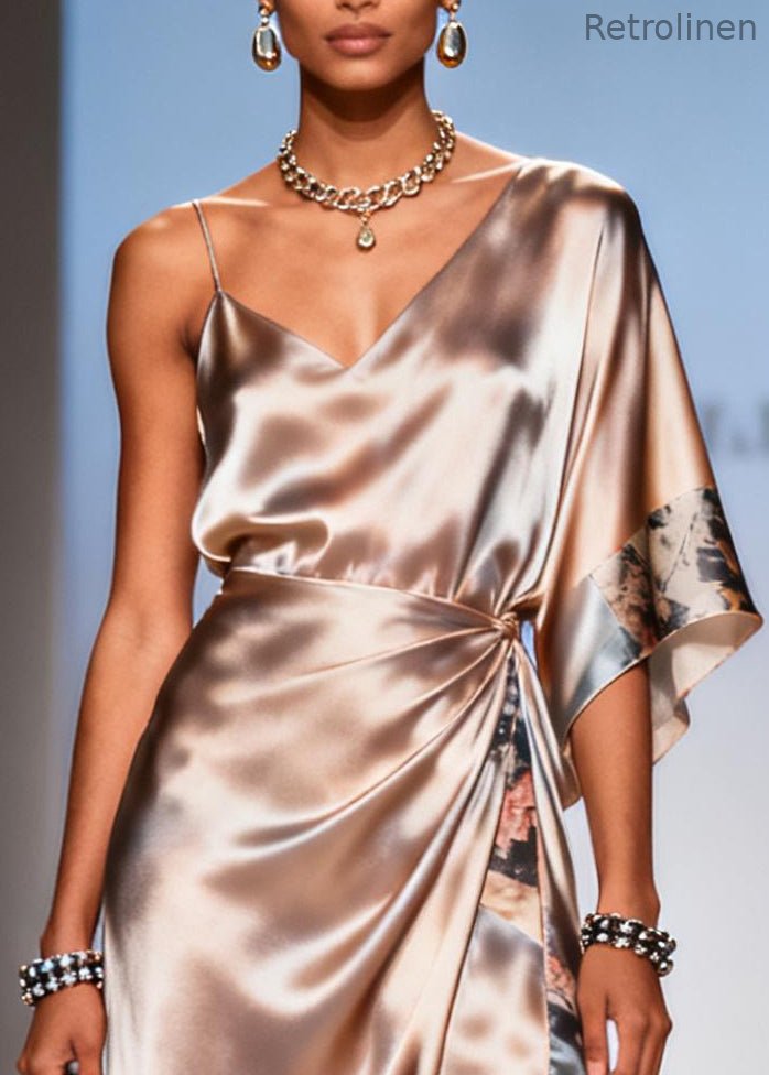 Apricot Asymmetrical Print Chiffon Sundress Summer