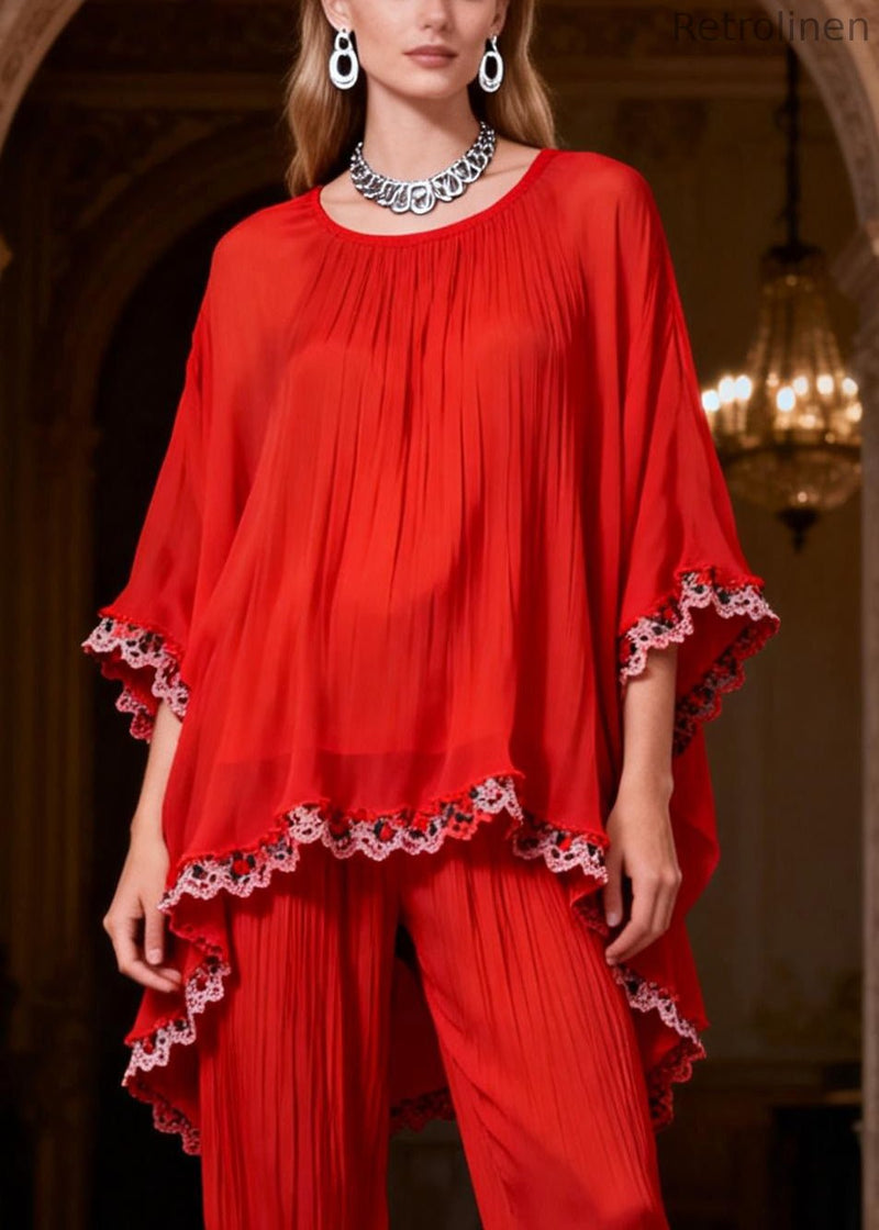 Original Red Low High Design Lace Patchwork Two Pieces Set Bracelet Sleeve