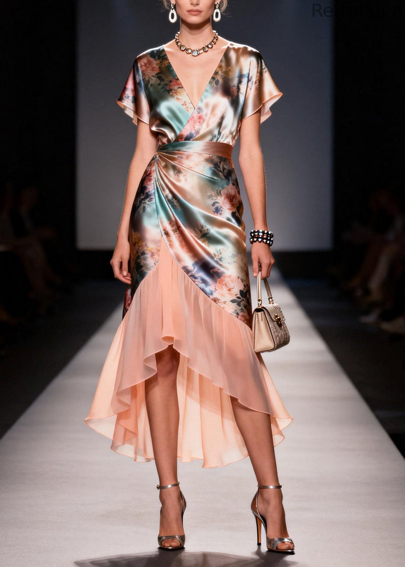 V Neck Ruffled Print Patchwork Silk Dresses Summer