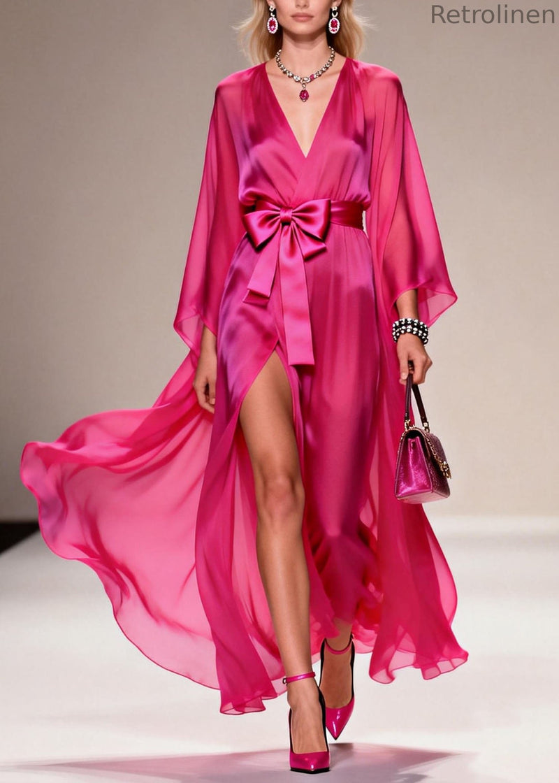 French Rose V Neck Side Open Bow Chiffon Dress Summer