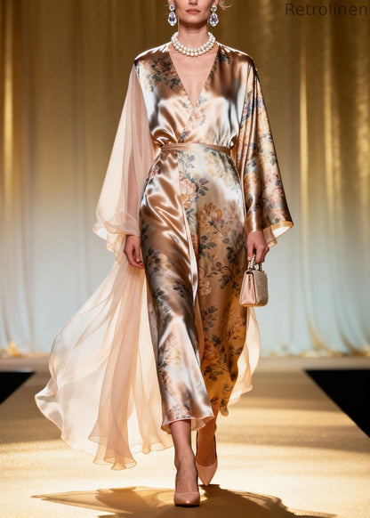 French V Neck Asymmetrical Design Patchwork Print Silk Dresses Spring
