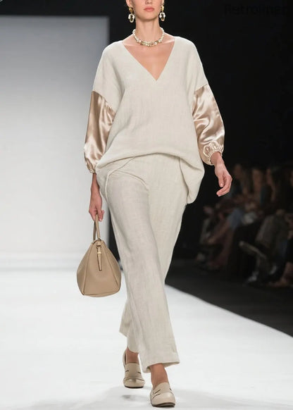 V Neck Patchwork Linen Silk Two Pieces Set Spring