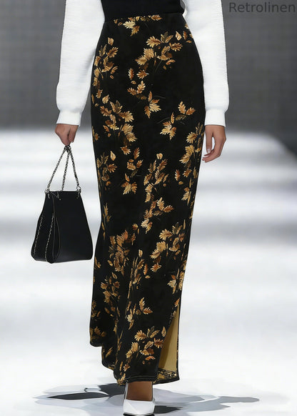 Loose Black Print Side Open Silk Velvet Skirt Spring