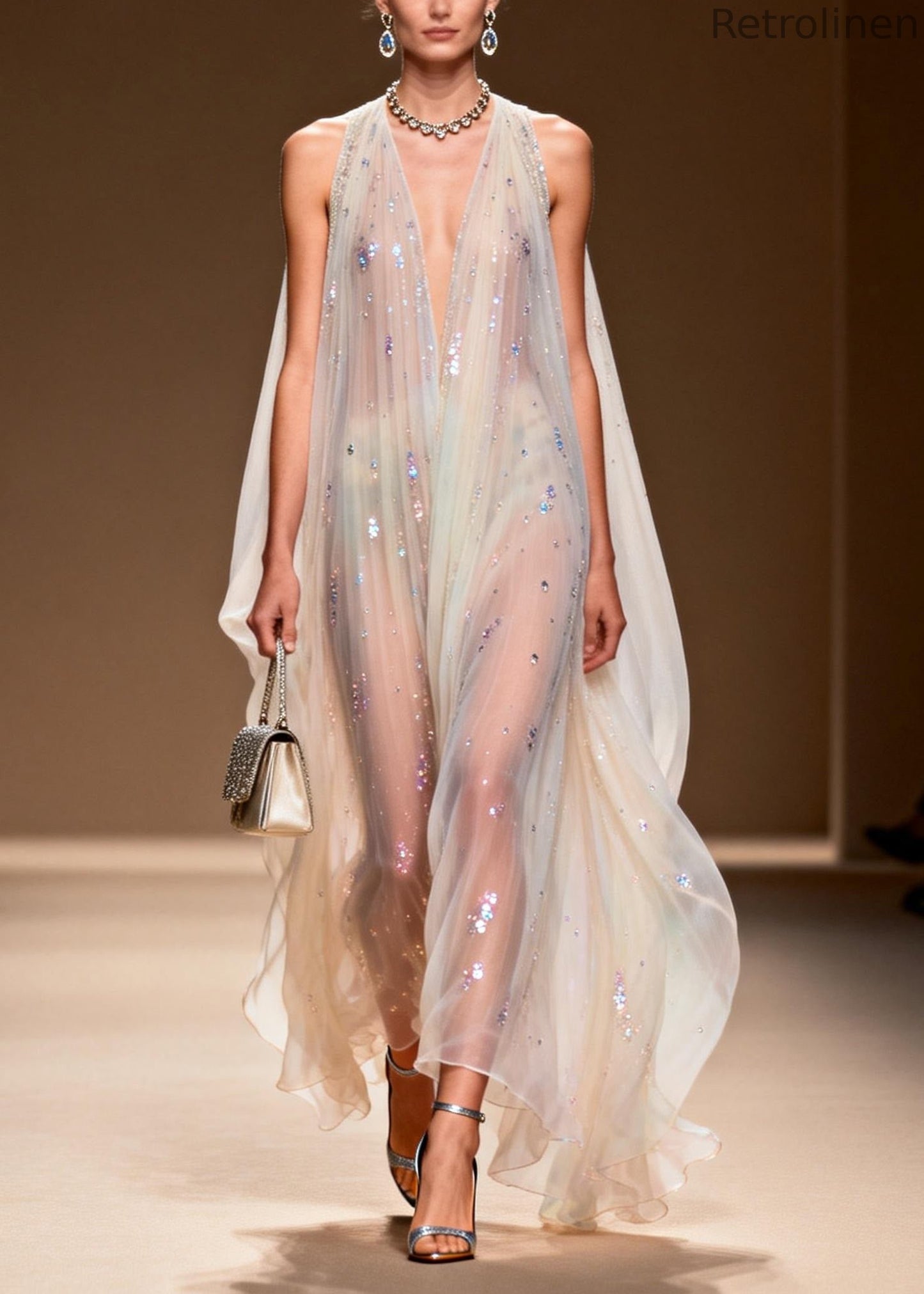 Simple V Neck Zircon Patchwork Chiffon Long Dress Sleeveless