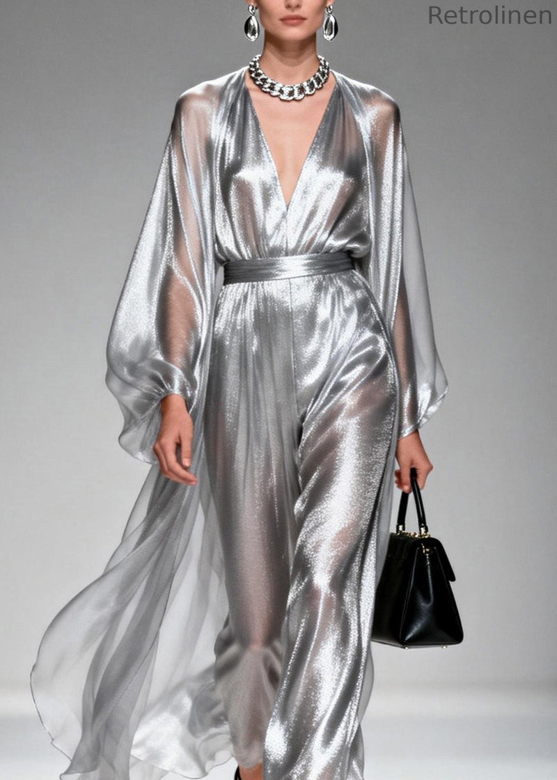 Silver V Neck Silk Long Dresses Spring
