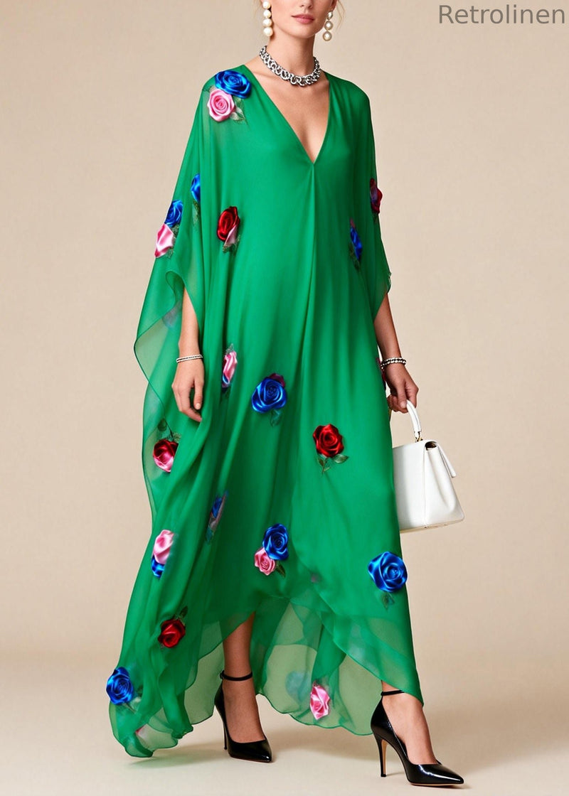 Fitted Tea Green Oversized Chiffon Maxi Dress Summer