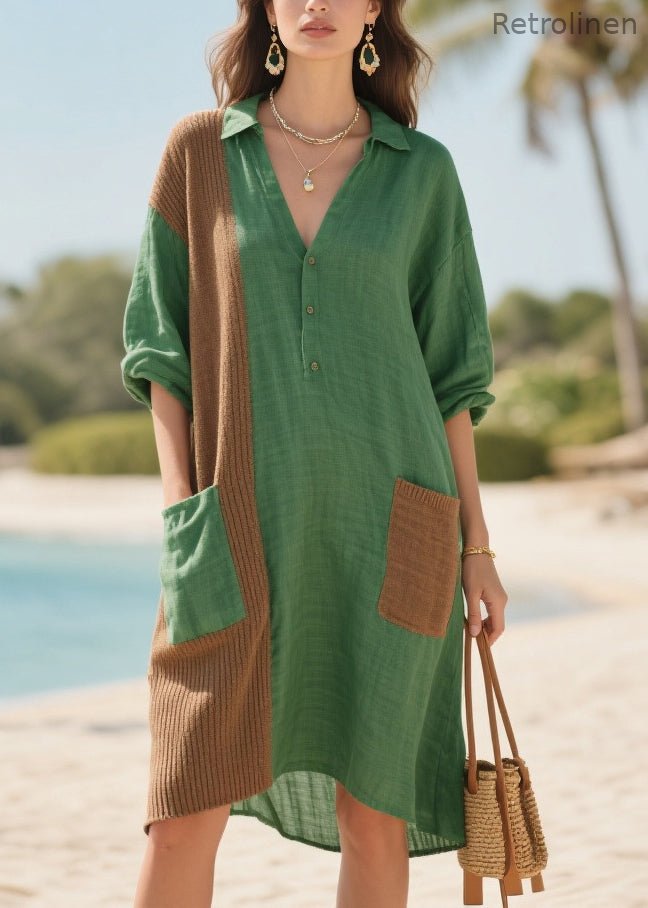 Tea Green Oversized Patchwork Pockets Cotton Mid Dresses Summer