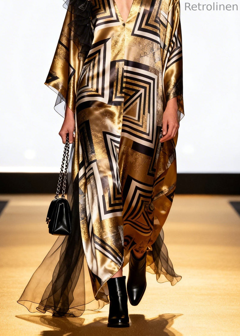 Loose V Neck Print Patchwork Silk Long Dress Spring