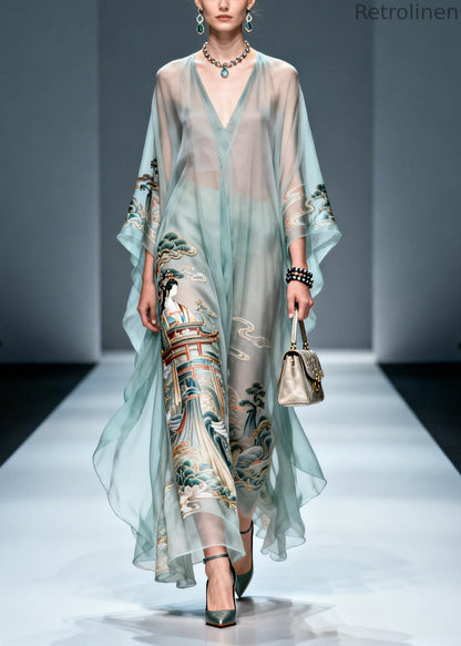 Blue Oversized Print Chiffon Long Dresses Summer