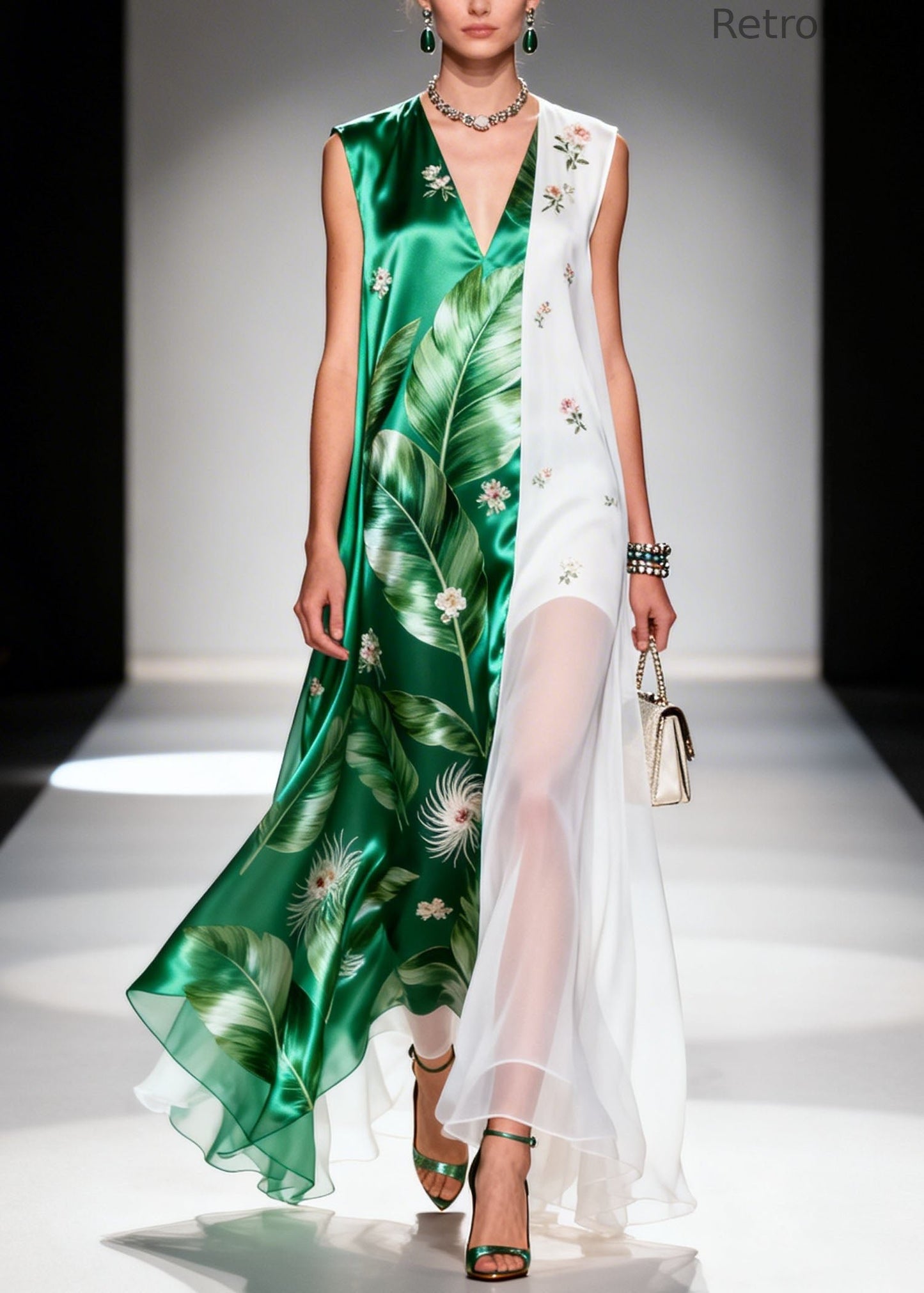 New Colorblock V Neck Print Patchwork Chiffon Long Dress Summer