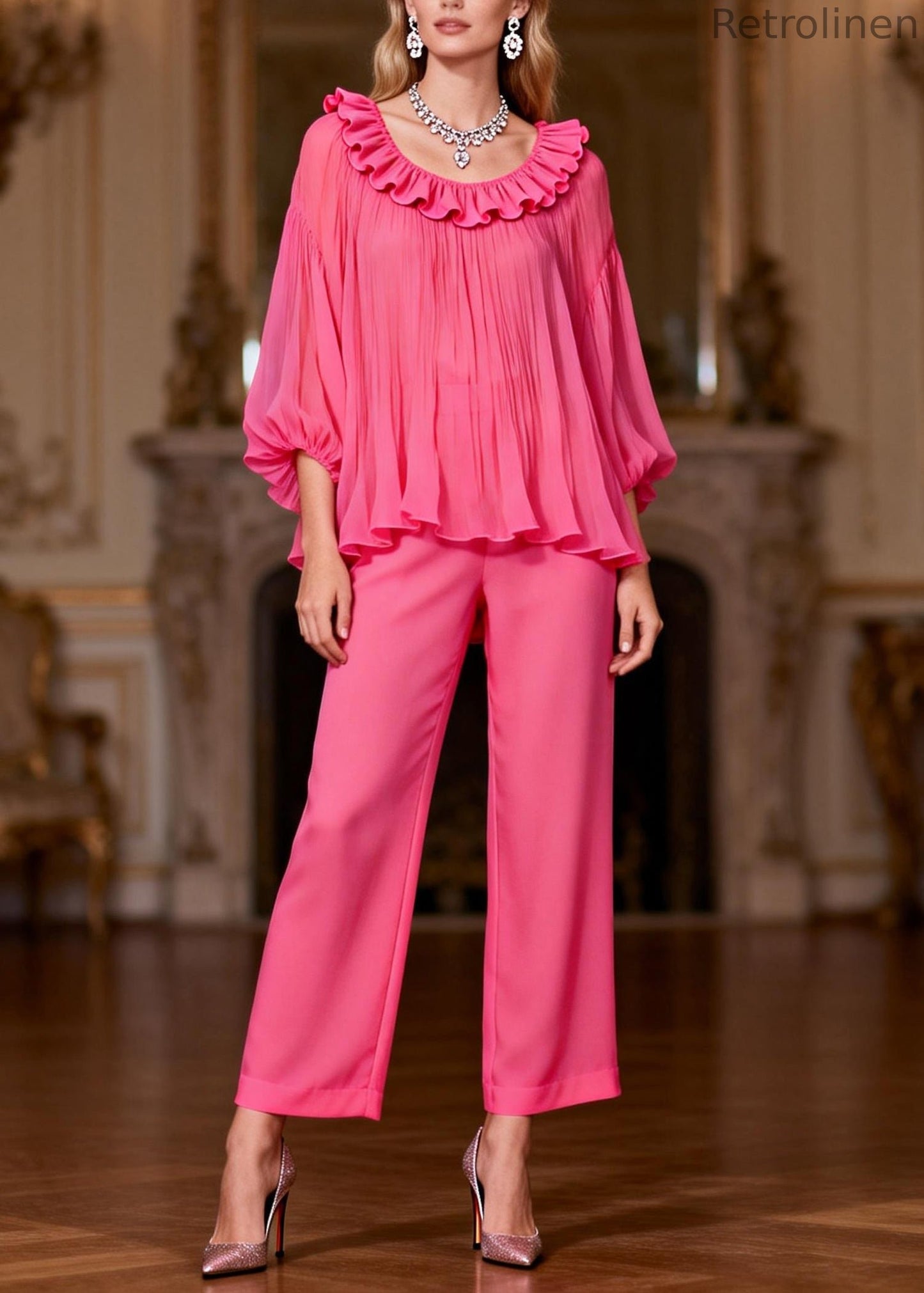 Pink High Waist Tops and Crop Pants Two-piece Set Ruffled Bracelet Sleeve