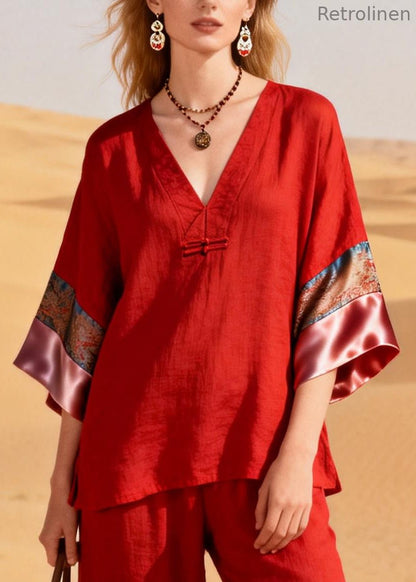 Boutique Red V Neck Patchwork Cotton Oriental Two Pieces Set Half Sleeve
