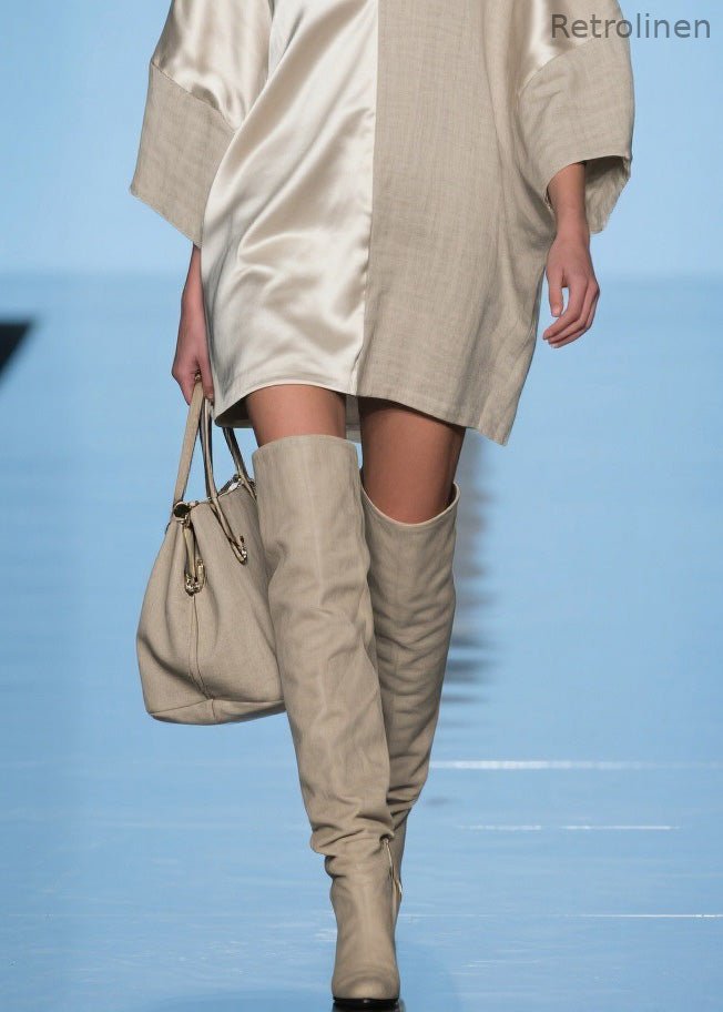 Modern V Neck Patchwork Linen Silk Mid Dress Spring