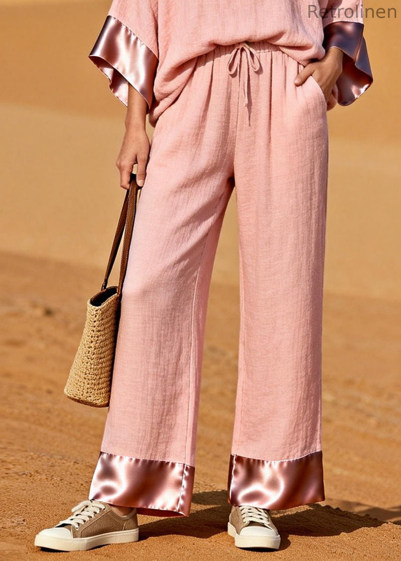 Pink V Neck Patchwork Cotton Two Pieces Set Spring
