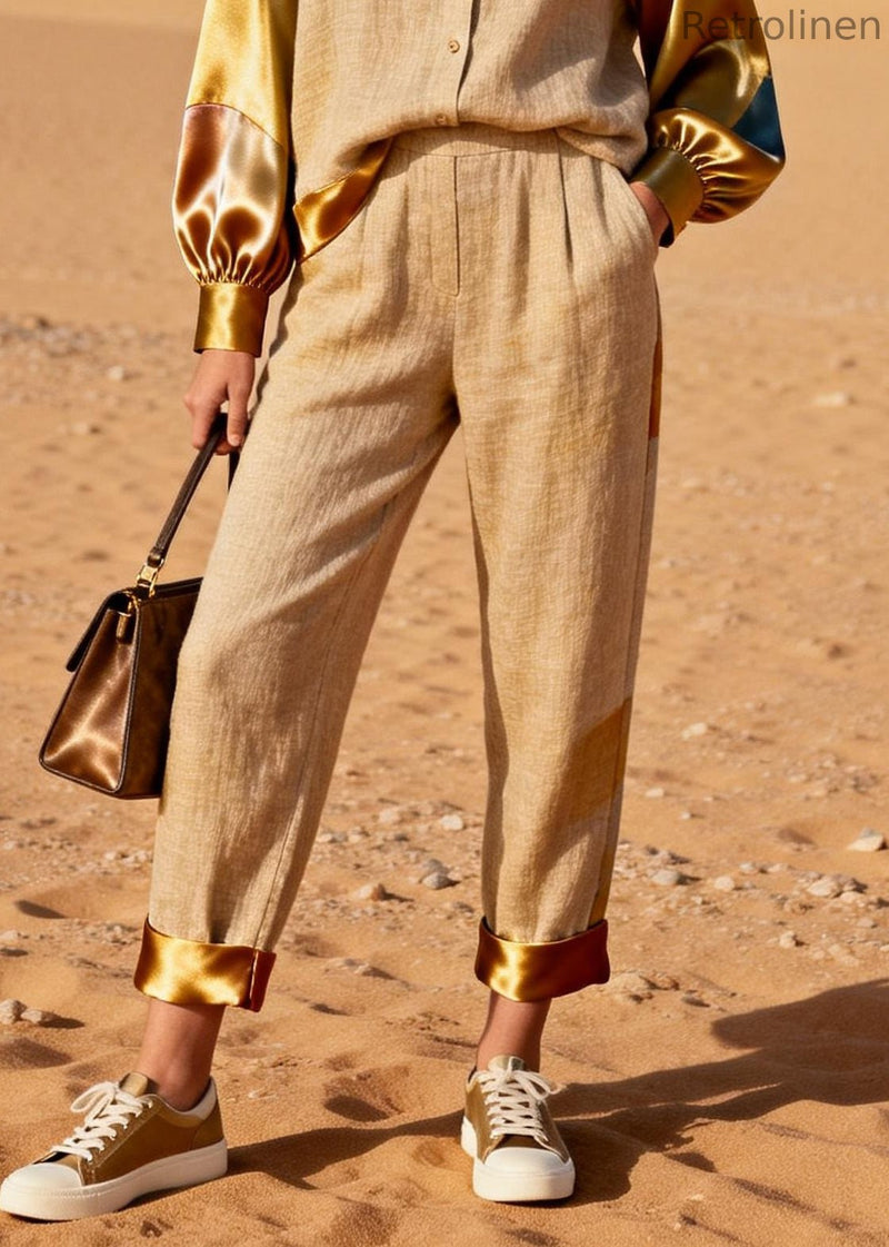 Khaki Peter Pan Collar Shirts and Crop Pants Silk Patchwork Two Pieces Set
