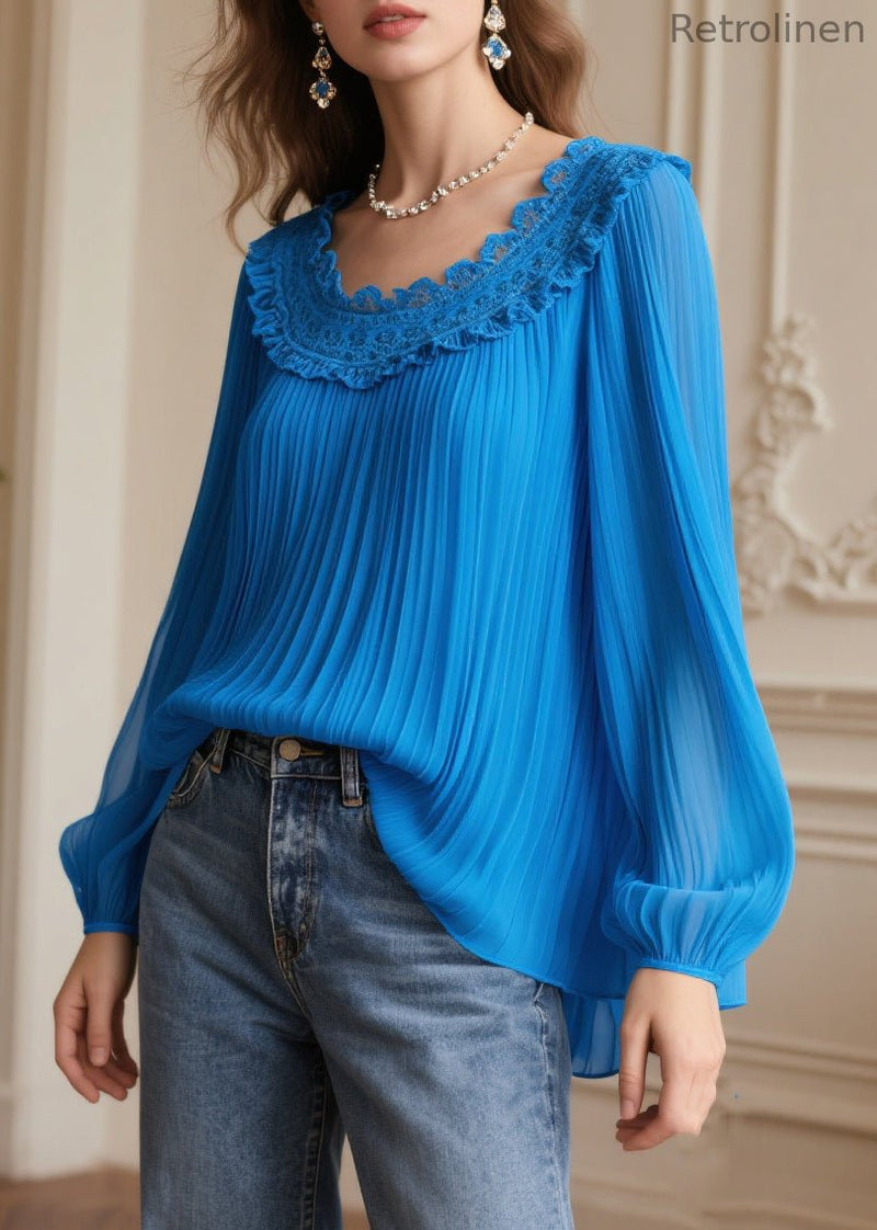 Blue Oversized Patchwork Wrinkled Chiffon Blouses Spring