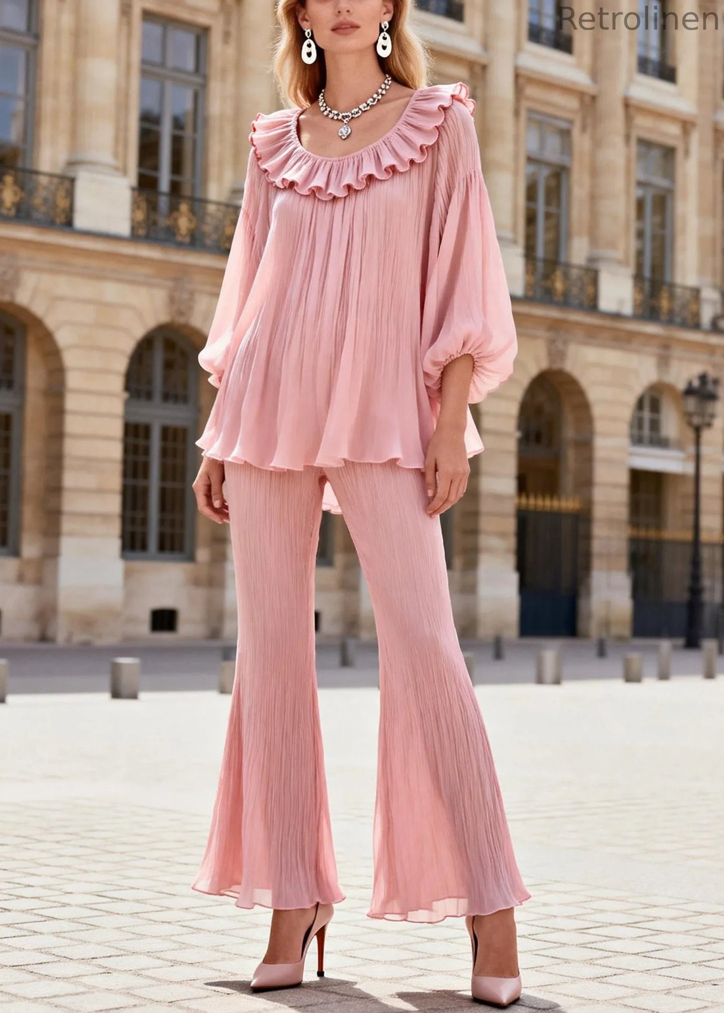 French Pink Ruffled Patchwork Chiffon Shirts and Flared Trousers Two Pieces Set Lantern Sleeve