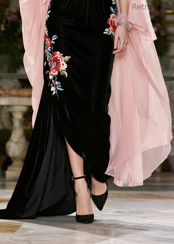 Stylish Black V Neck Patchwork Silk Velvet Party Dresses Cloak Sleeves