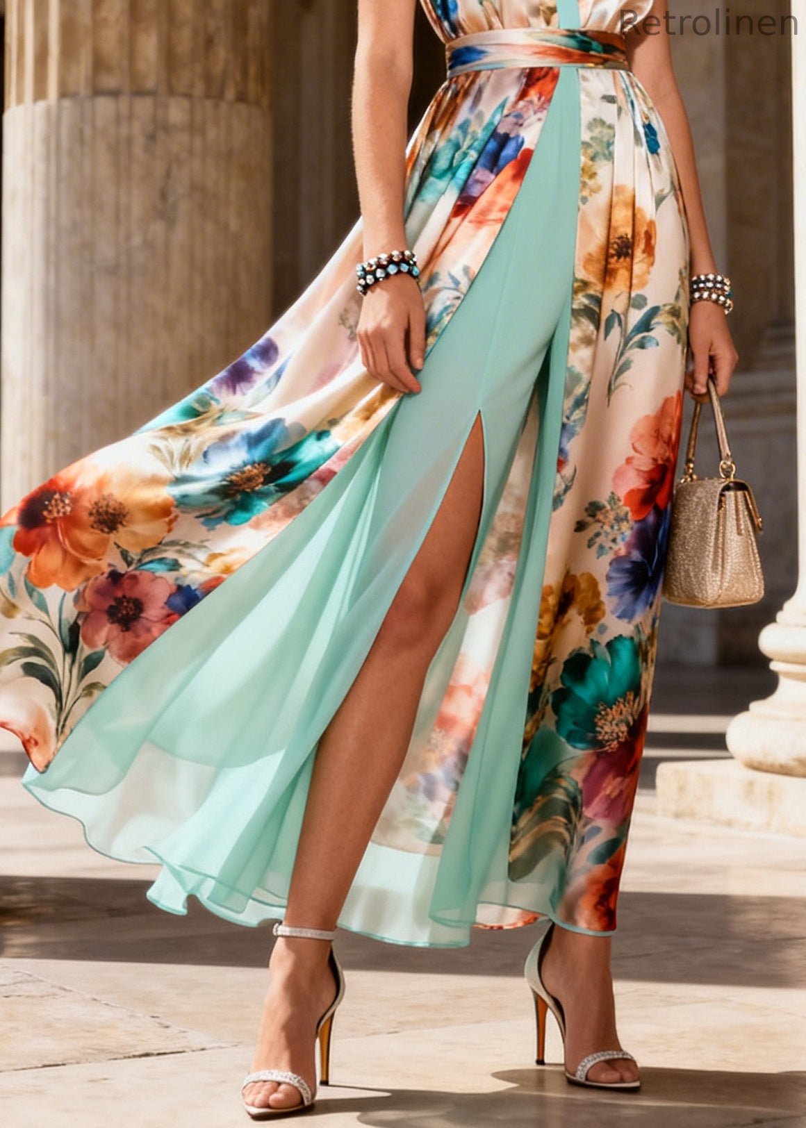 Beige Print Side Open Chiffon Fake Two Piece Long Dress Sleeveless