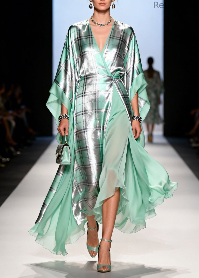 Art V Neck Plaid Print Patchwork Chiffon Dress Summer