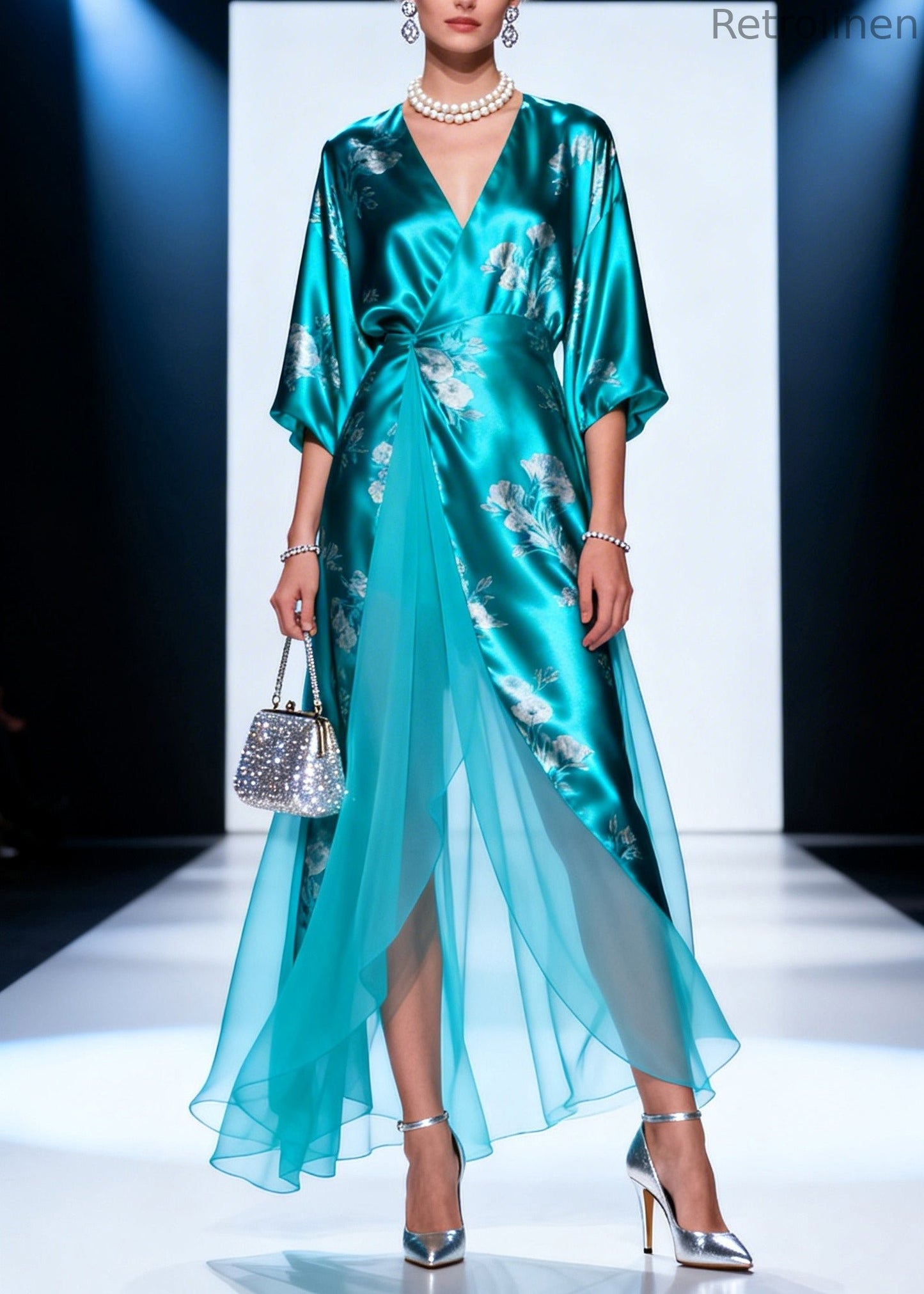 Lake Blue Print Tulle Patchwork Silk Long Dresses Summer