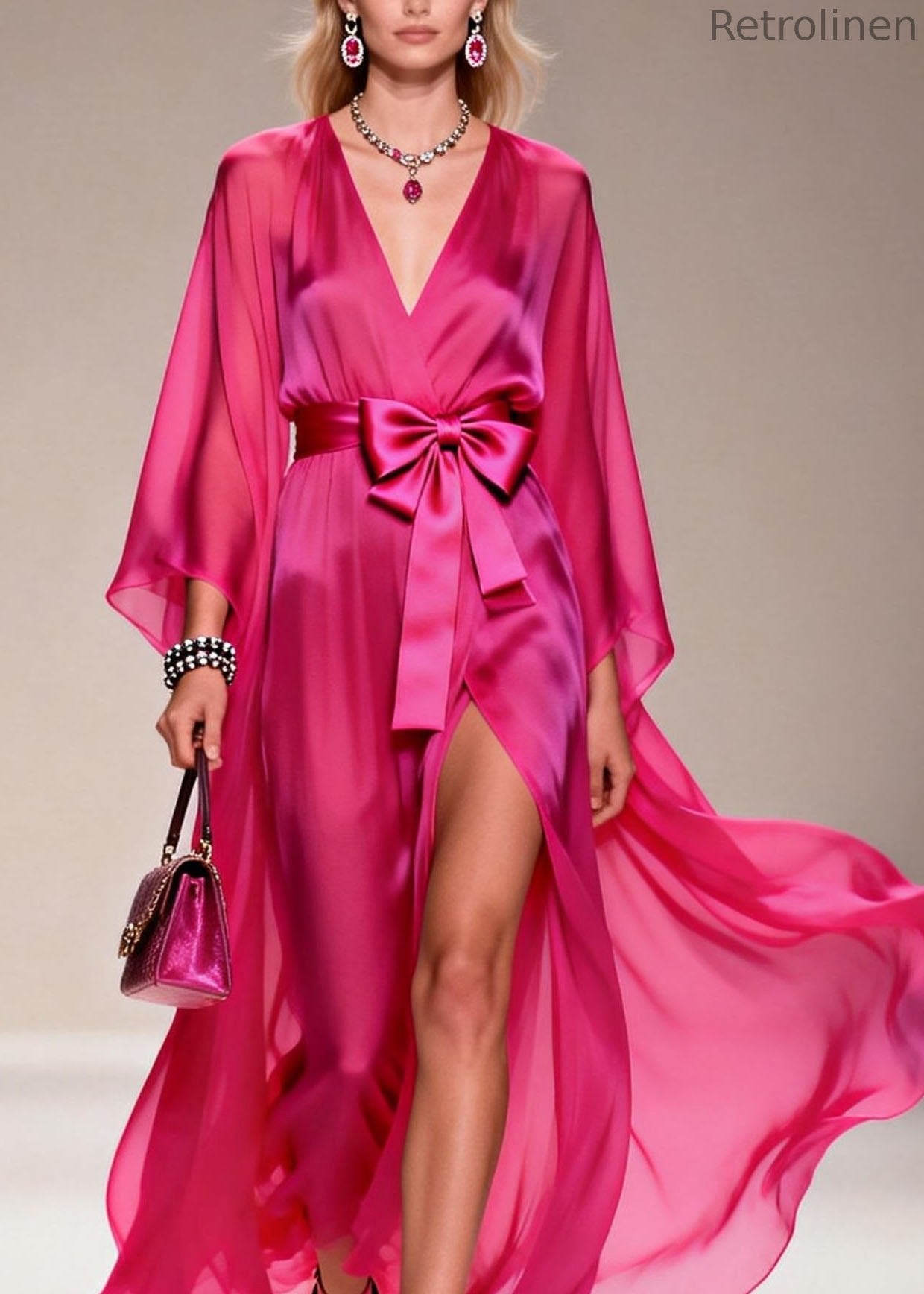 French Rose V Neck Side Open Bow Chiffon Dress Summer