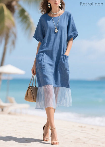 Denim Blue Pockets Patchwork Tulle Cotton Long Dress Summer