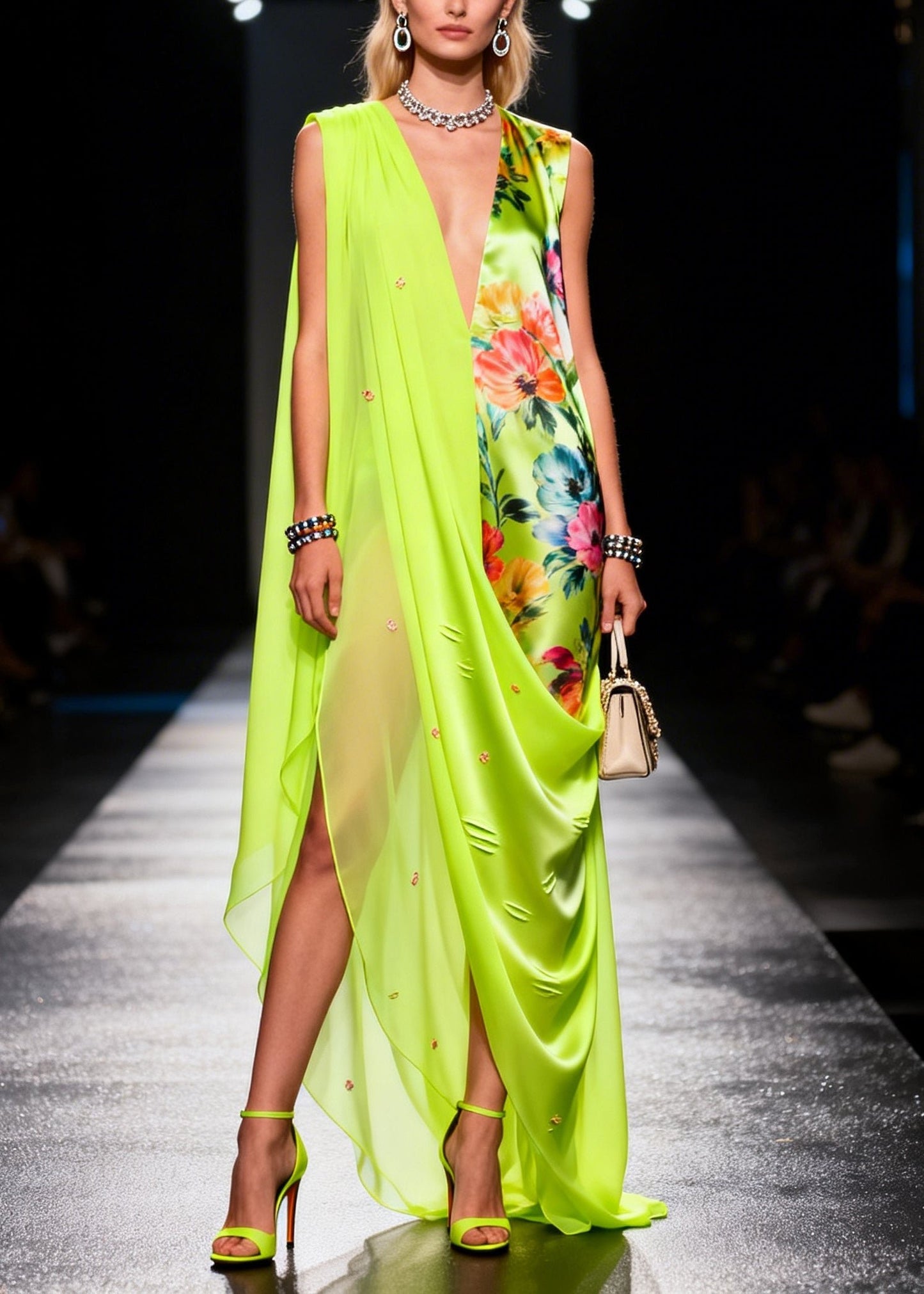 Fluorescent Green Asymmetrical Print Chiffon Holiday Dress Summer