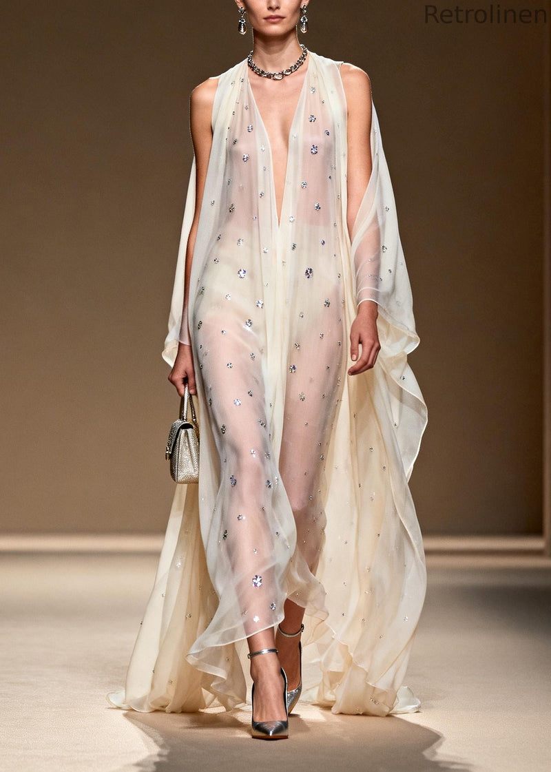 White Rhinestone Cold Shoulder Chiffon Sheer Dress Summer