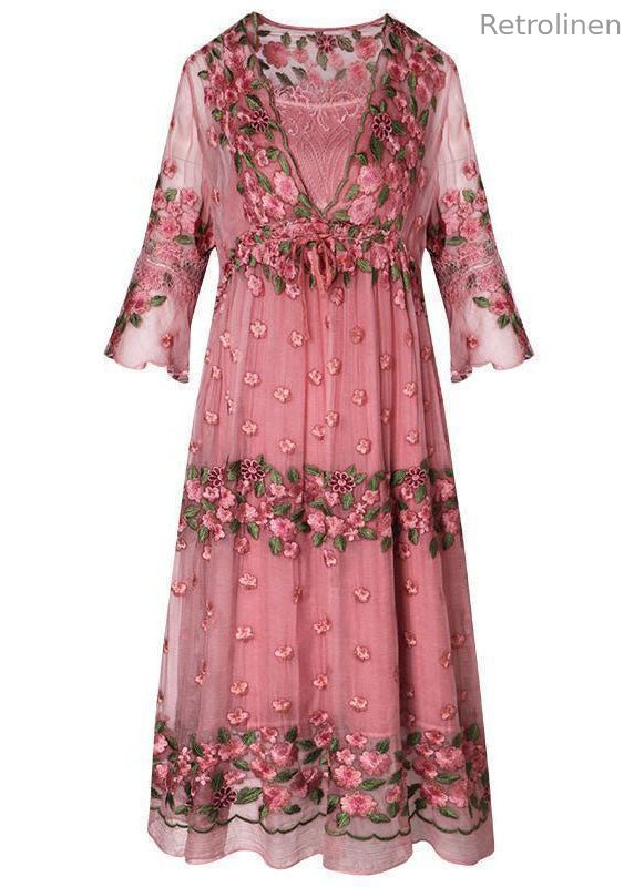 Pink Embroideried Lace Up Silk Robe Dresses Flare Sleeve