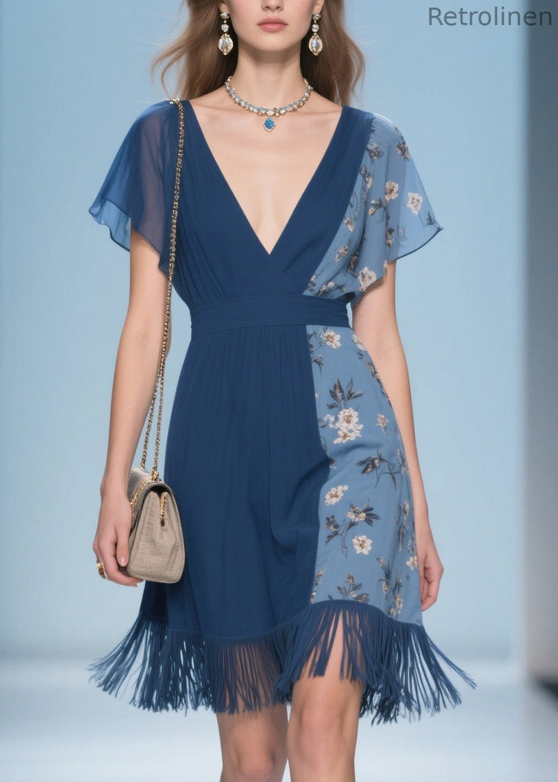 Unique V Neck Print Tassel Patchwork Cotton Dresses Summer