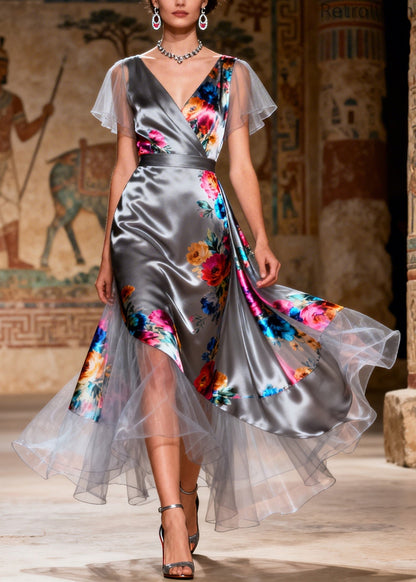 Style V Neck Asymmetrical Tulle Patchwork Silk Dresses Summer