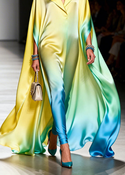 Italian Gradient Color Peter Pan Collar Chiffon Maxi Dresses Summer