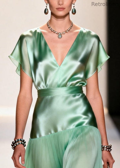 Simple Light Green V Neck Patchwork Chiffon Robe Dresses Summer