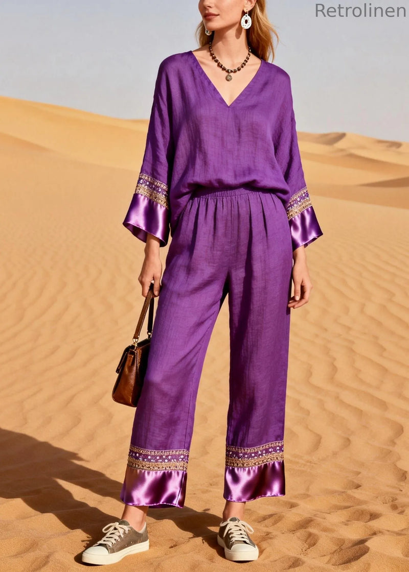 Organic Purple V Neck Patchwork Silk Cotton Two Piece Set Spring