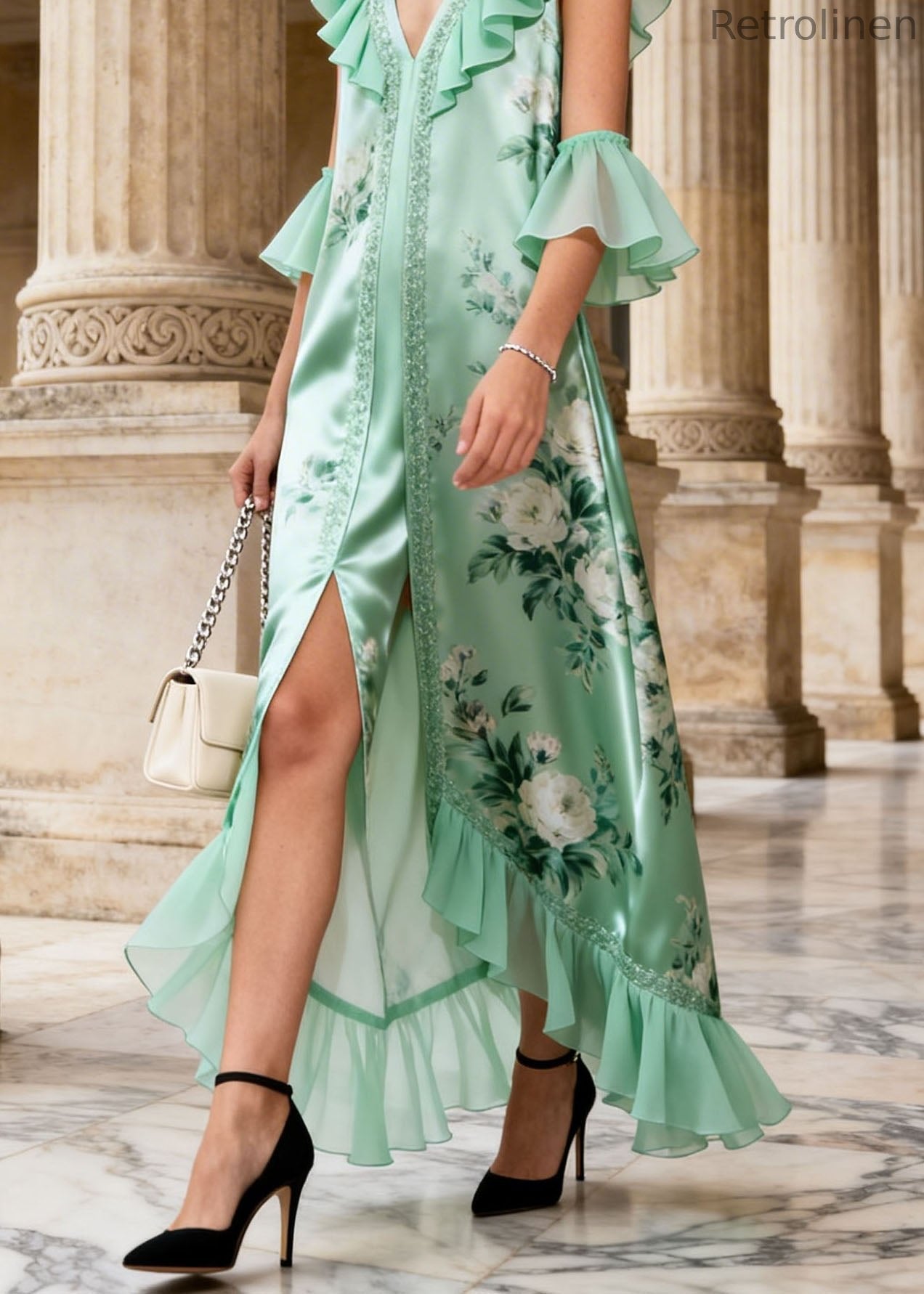French Light Green Ruffled Patchwork Print Chiffon Dress Summer