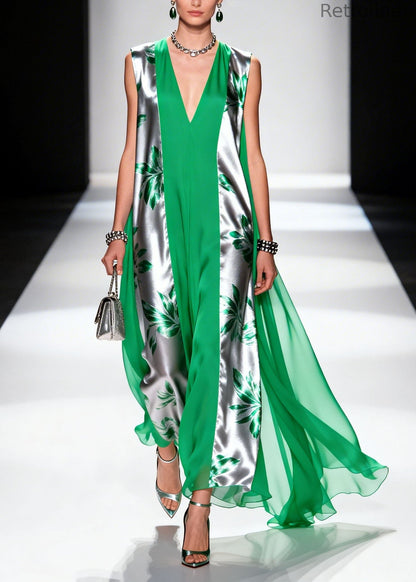 Colorblock V Neck Print Patchwork Silk Robe Dresses Summer