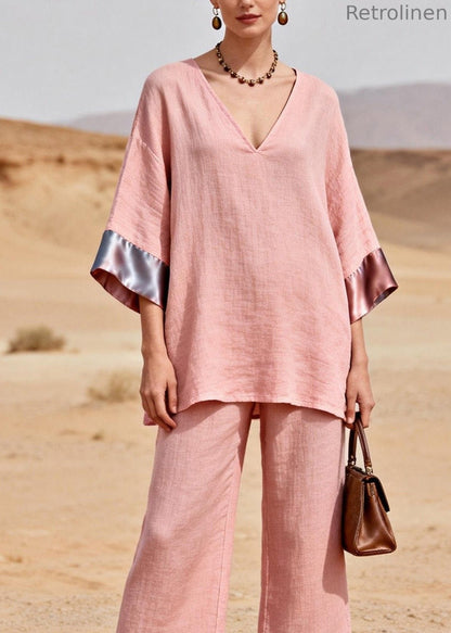 Pink V Neck Patchwork Linen Silk Two Piece Set Summer