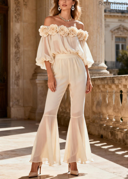 Vogue White Chiffon Shirts and Flared Trousers Two Piece Set Spring