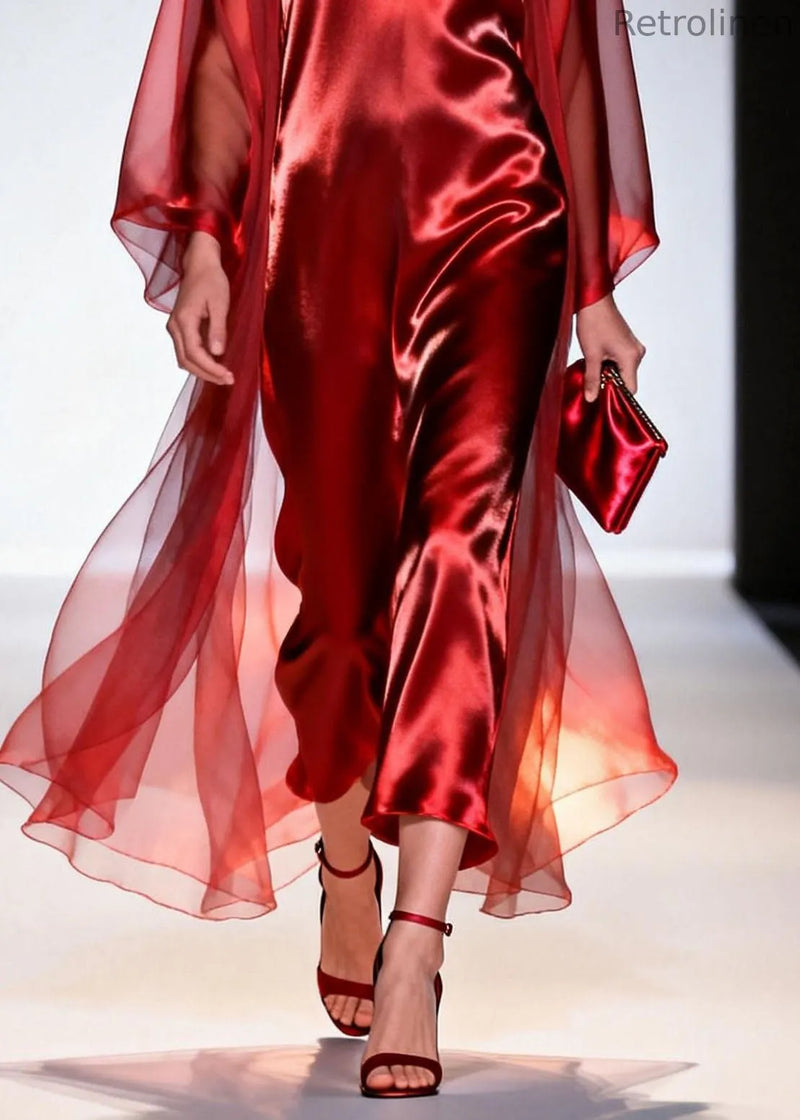 Classy Red V Neck Loose Silk 2 Piece Outfit Summer