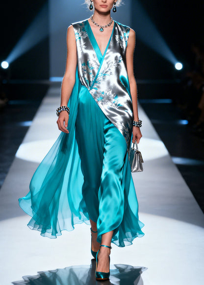 Unique Blue Asymmetrical Design Print Silk Long Dress Summer