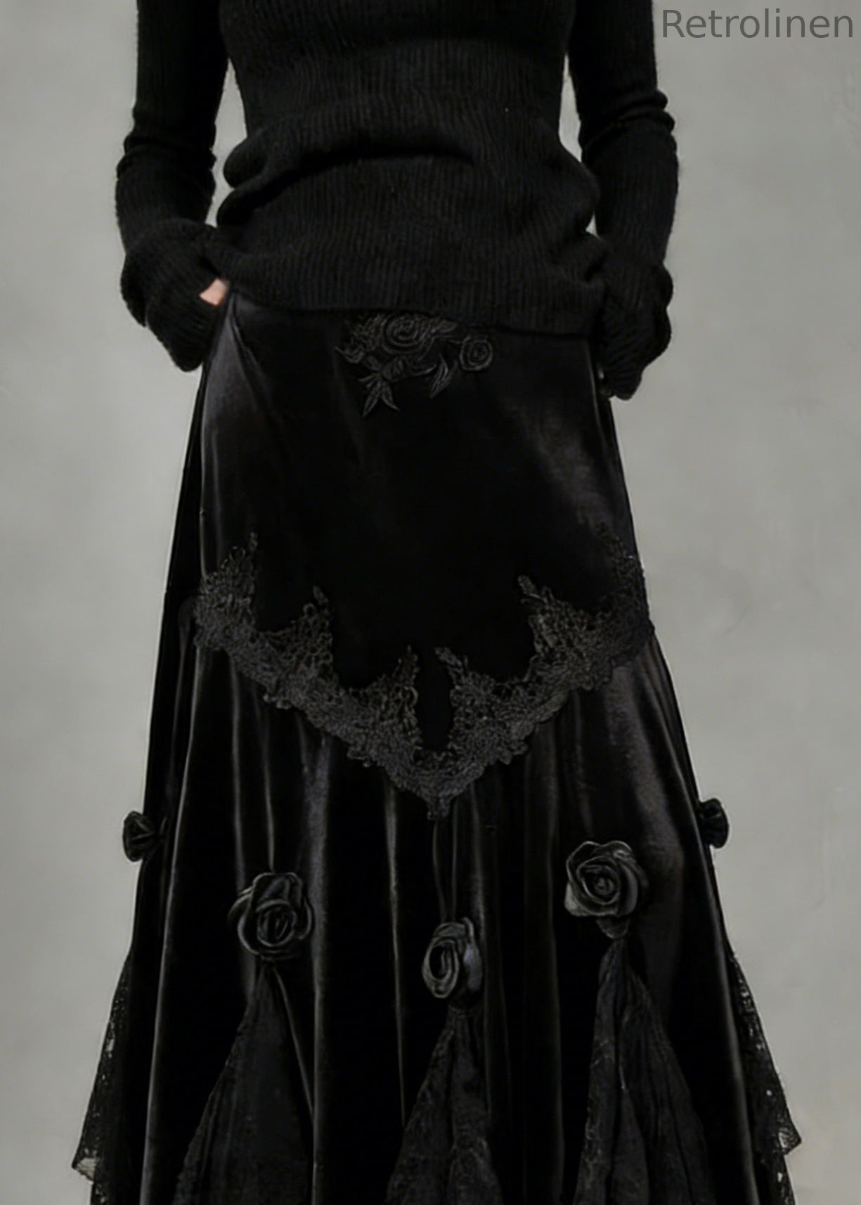 Slim Fit Black Lace Silk Velvet Fish Tail Skirt Spring