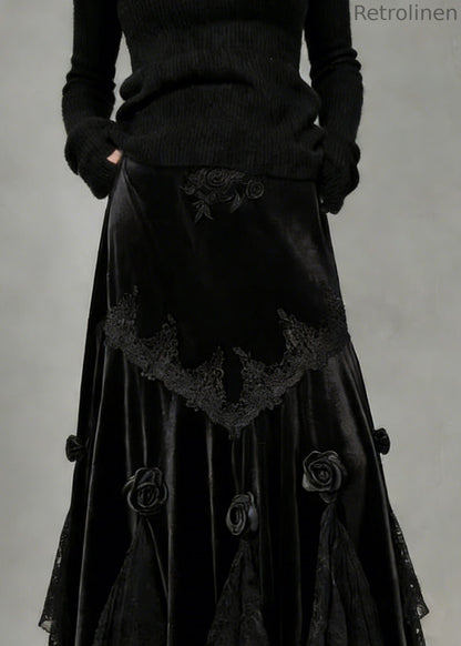 Slim Fit Black Lace Silk Velvet Fish Tail Skirt Spring