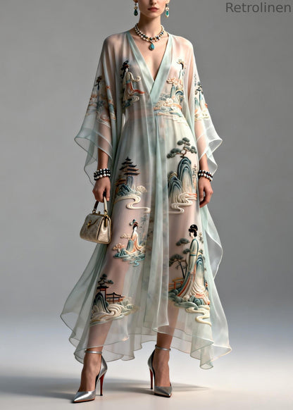 V Neck Asymmetrical Design Print Chiffon Dress Summer