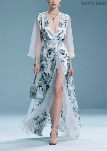 Italian Light Blue Print Patchwork Tulle Maxi Dress Summer