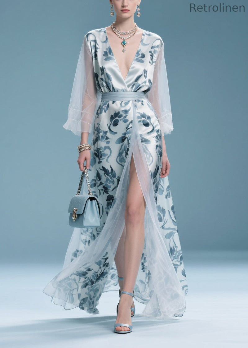 Italian Light Blue Print Patchwork Tulle Maxi Dress Summer