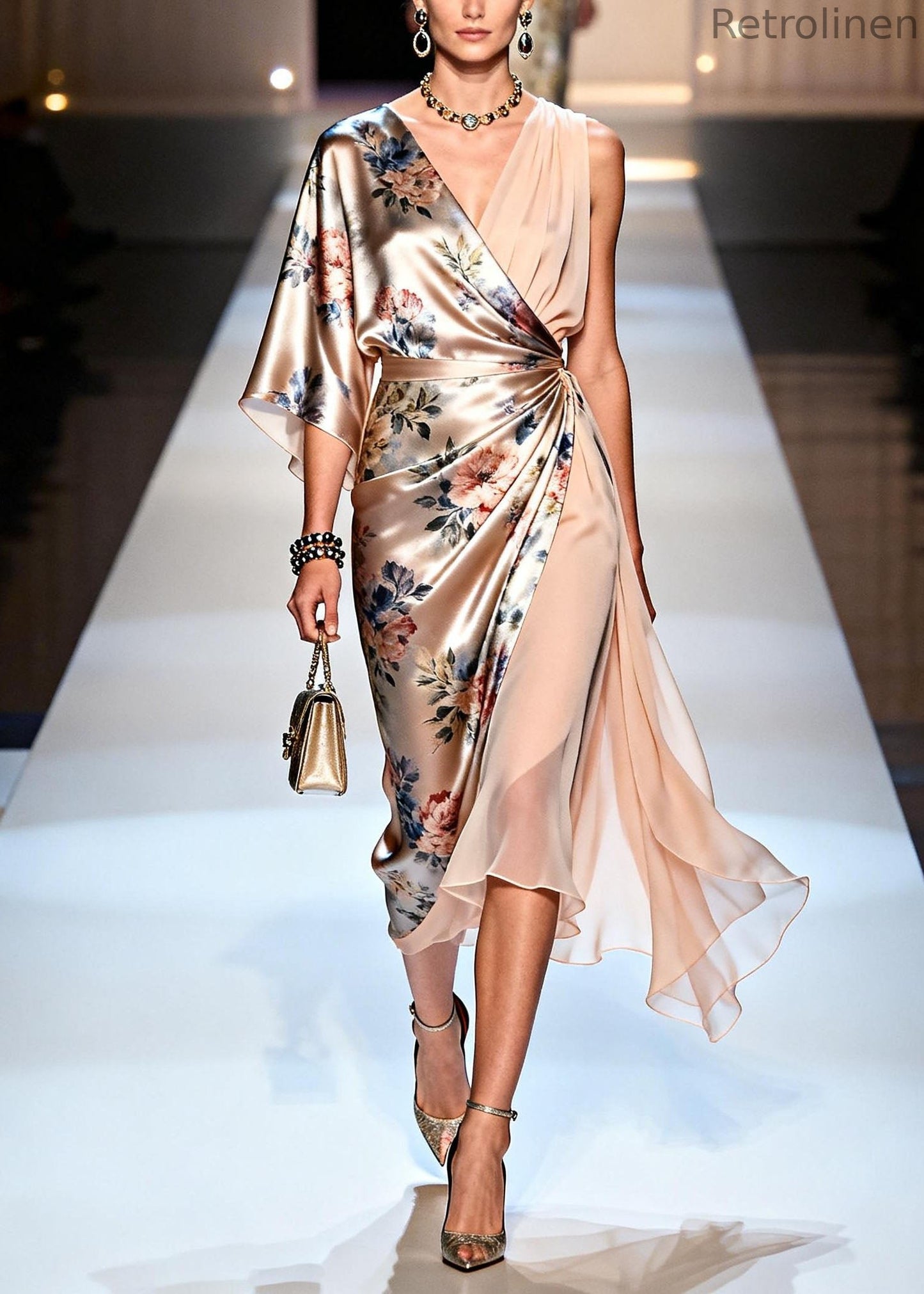 Italian V Neck Print Asymmetrical Design Silk Dress Summer